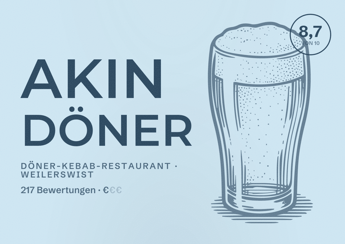 Illustriertes Poster von Akin Döner, Döner-Kebab-Restaurant in Weilerswist: Bewertung 8,7 von 10 aus 217 Bewertungen, Preisniveau €