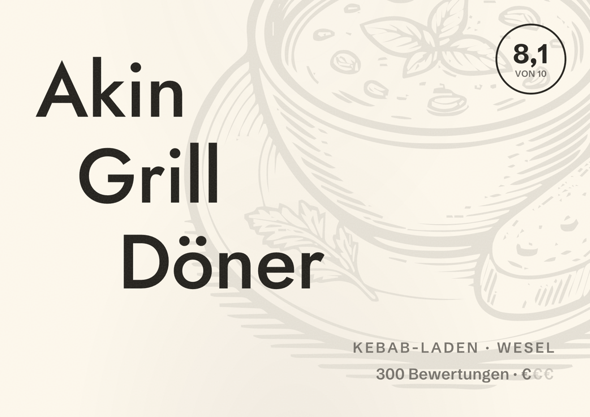 Illustriertes Poster von Akin Grill Döner, Kebab-Laden in Wesel: Bewertung 8,1 von 10 aus 300 Bewertungen, Preisniveau €