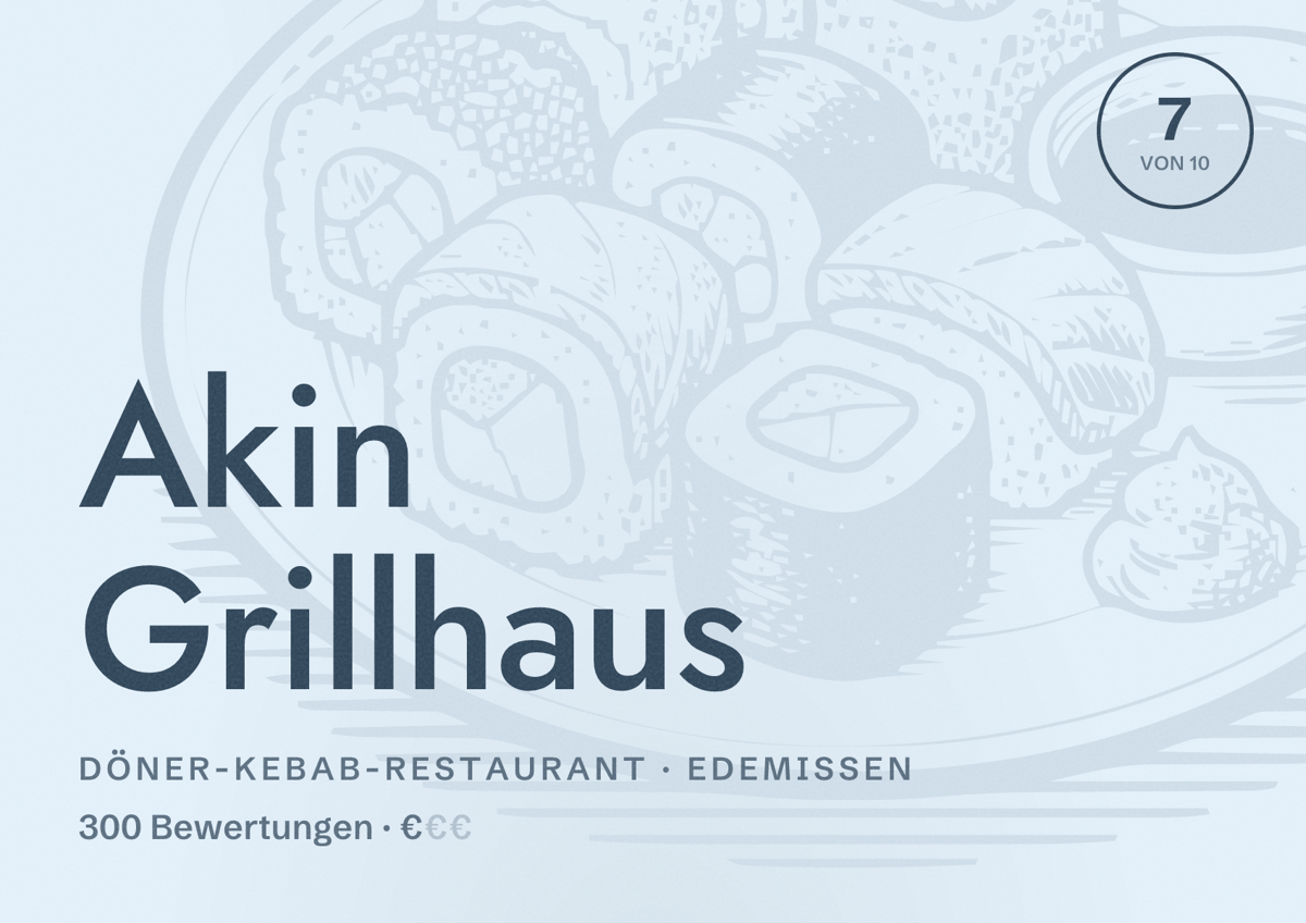 Illustriertes Poster von Akin Grillhaus, Döner-Kebab-Restaurant in Edemissen: Bewertung 7 von 10 aus 300 Bewertungen, Preisniveau €