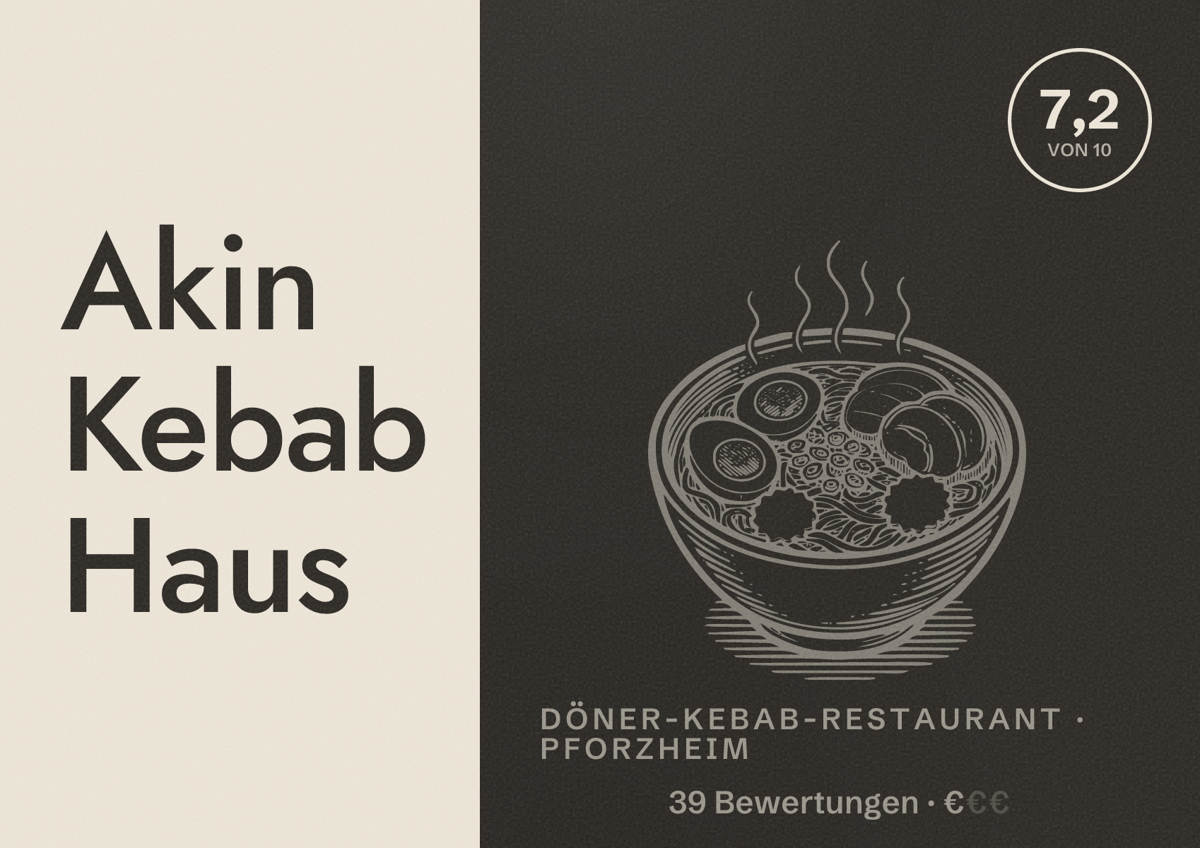 Illustriertes Poster von Akin Kebab Haus, Döner-Kebab-Restaurant in Pforzheim: Bewertung 7,2 von 10 aus 39 Bewertungen, Preisniveau €