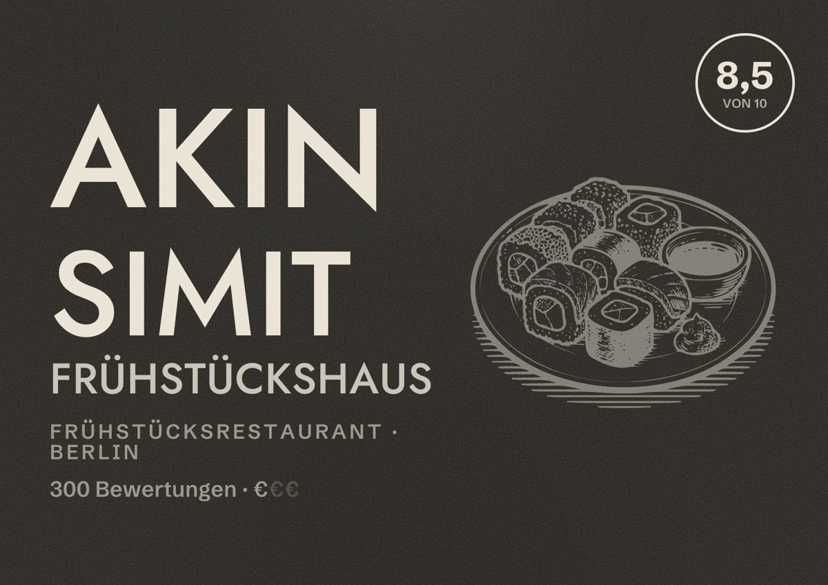 Illustriertes Poster von Akin Simit Frühstückshaus, Frühstücksrestaurant in Berlin: Bewertung 8,5 von 10 aus 300 Bewertungen, Preisniveau €
