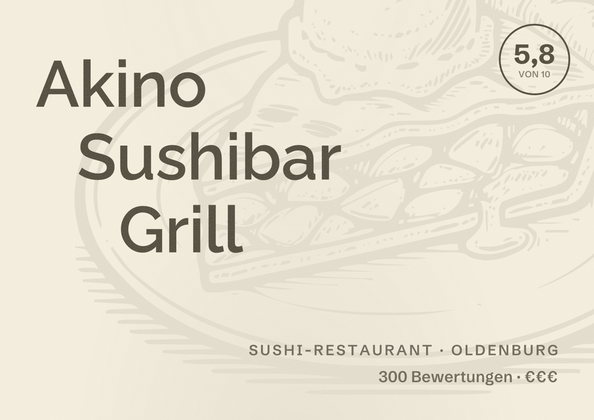 Illustriertes Poster von Akino Sushibar Grill, Sushi-Restaurant in Oldenburg: Bewertung 5,8 von 10 aus 300 Bewertungen, Preisniveau €€€
