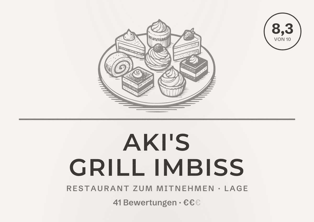 Illustriertes Poster von Aki's Grill Imbiss, Restaurant zum Mitnehmen in Lage: Bewertung 8,3 von 10 aus 41 Bewertungen, Preisniveau €€