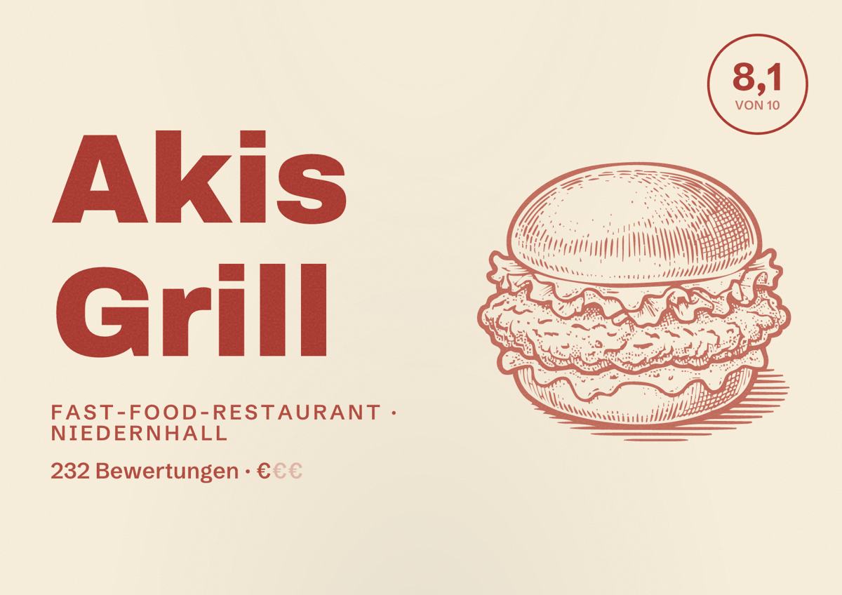 Illustriertes Poster von Akis Grill, Fast-Food-Restaurant in Niedernhall: Bewertung 8,1 von 10 aus 232 Bewertungen, Preisniveau €