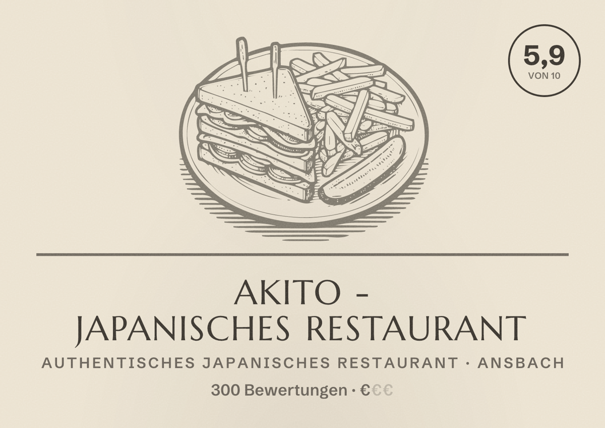 Illustriertes Poster von Akito - Japanisches Restaurant, Authentisches japanisches Restaurant in Ansbach: Bewertung 5,9 von 10 aus 300 Bewertungen, Preisniveau €