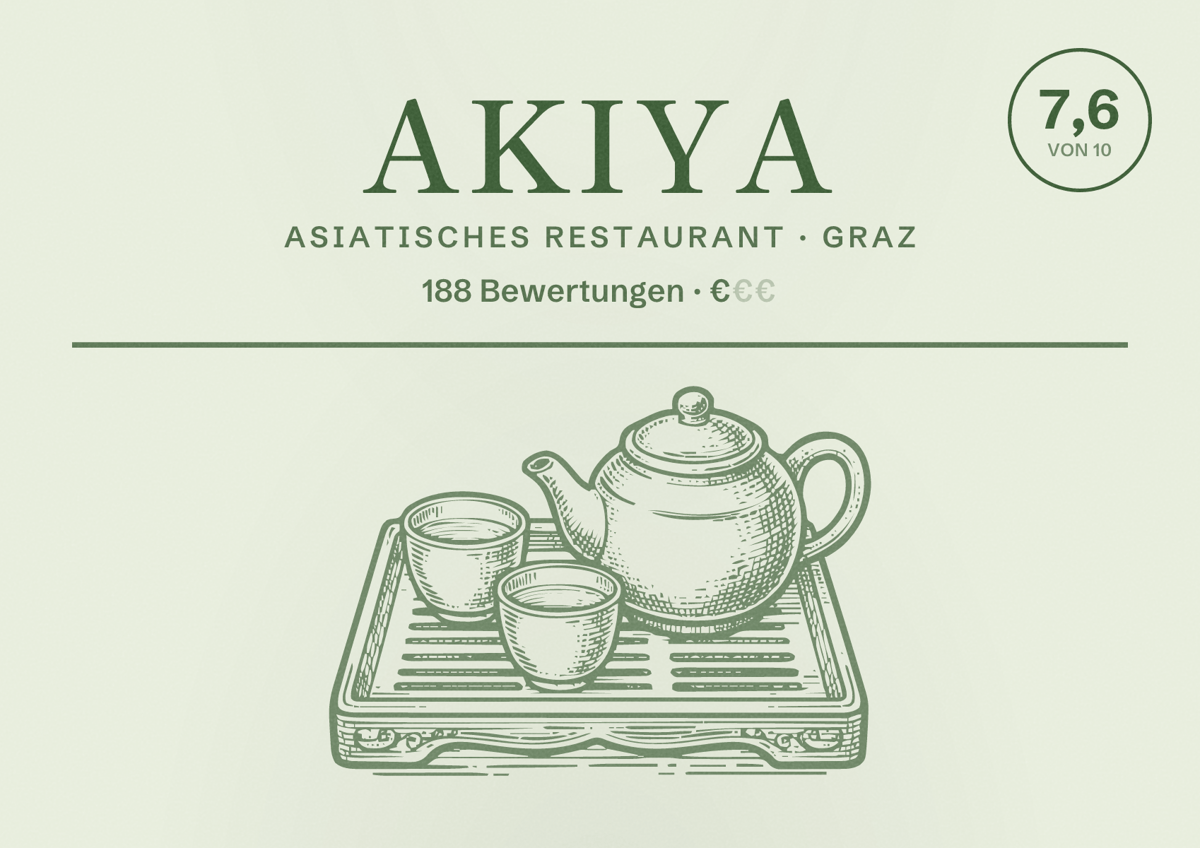 Illustriertes Poster von AKIYA, Asiatisches Restaurant in Graz: Bewertung 7,6 von 10 aus 188 Bewertungen, Preisniveau €