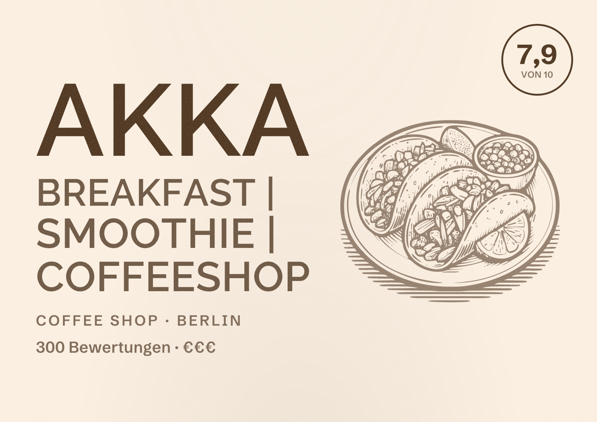 Illustriertes Poster von AKKA Breakfast | Smoothie | Coffeeshop, Coffee Shop in Berlin: Bewertung 7,9 von 10 aus 300 Bewertungen, Preisniveau €€€