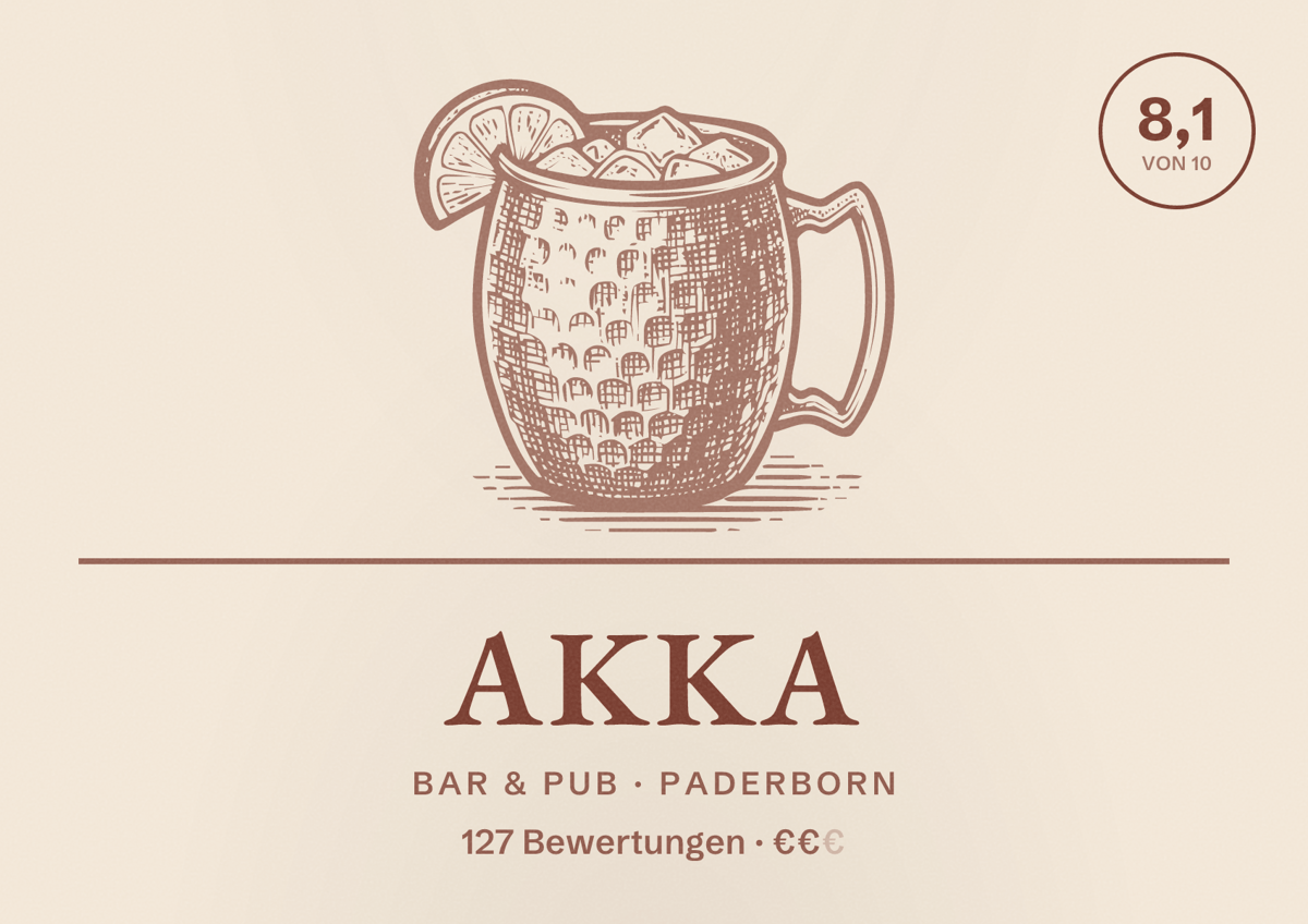 Illustriertes Poster von AKKA, Bar & Pub in Paderborn: Bewertung 8,1 von 10 aus 127 Bewertungen, Preisniveau €€