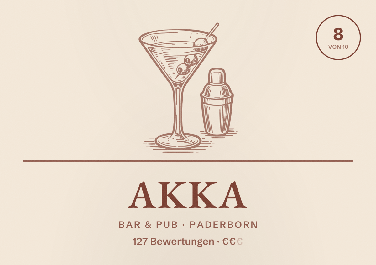 Illustriertes Poster von AKKA, Bar & Pub in Paderborn: Bewertung 8,0 von 10 aus 127 Bewertungen, Preisniveau €€