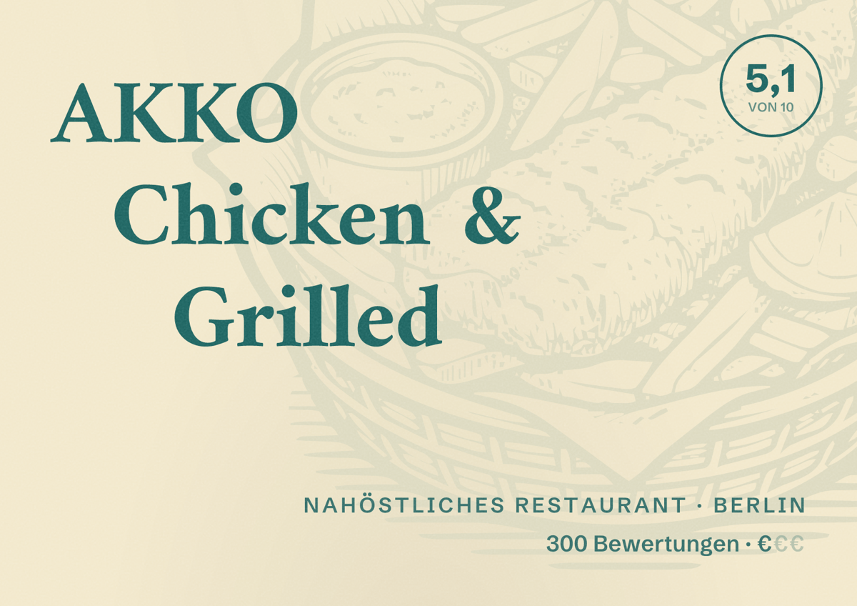 Illustriertes Poster von AKKO Chicken & Grilled, Nahöstliches Restaurant in Berlin: Bewertung 5,1 von 10 aus 300 Bewertungen, Preisniveau €