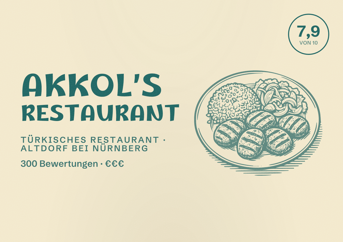 Illustriertes Poster von Akkol’s Restaurant, Türkisches Restaurant in Altdorf bei Nürnberg: Bewertung 7,9 von 10 aus 300 Bewertungen, Preisniveau €€€