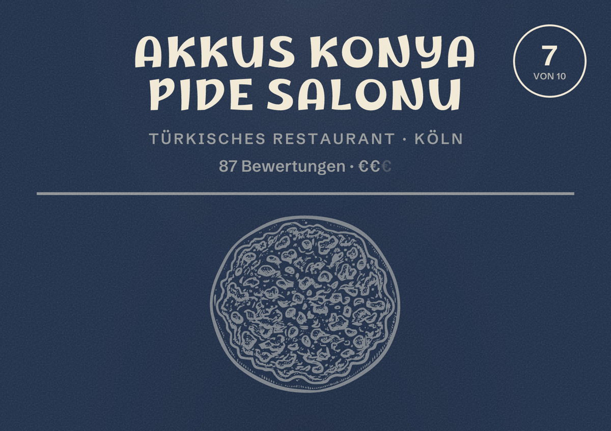 Illustriertes Poster von Akkus Konya pide salonu, Türkisches Restaurant in Köln: Bewertung 7,0 von 10 aus 87 Bewertungen, Preisniveau €€