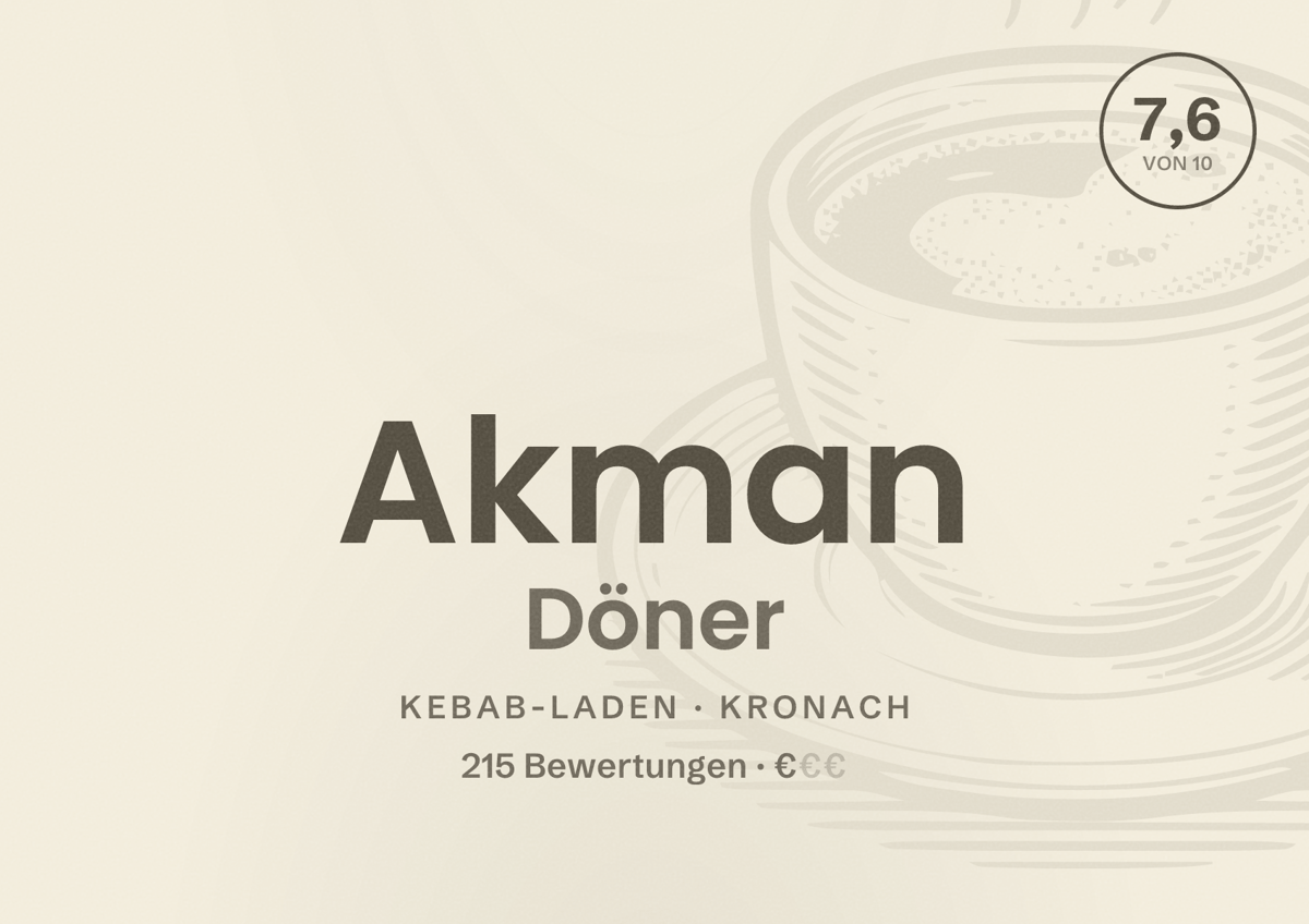 Illustriertes Poster von Akman Döner, Kebab-Laden in Kronach: Bewertung 7,6 von 10 aus 215 Bewertungen, Preisniveau €