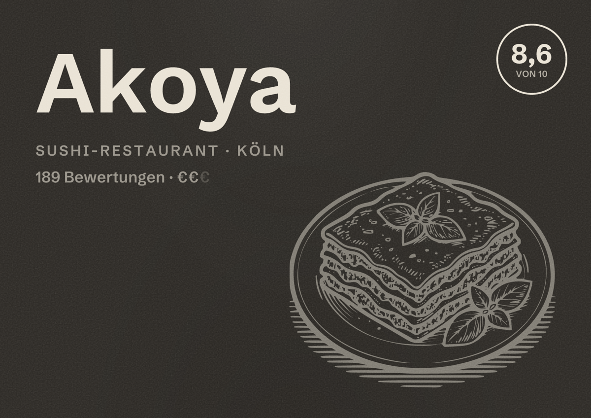 Illustriertes Poster von Akoya, Sushi-Restaurant in Köln: Bewertung 8,6 von 10 aus 189 Bewertungen, Preisniveau €€