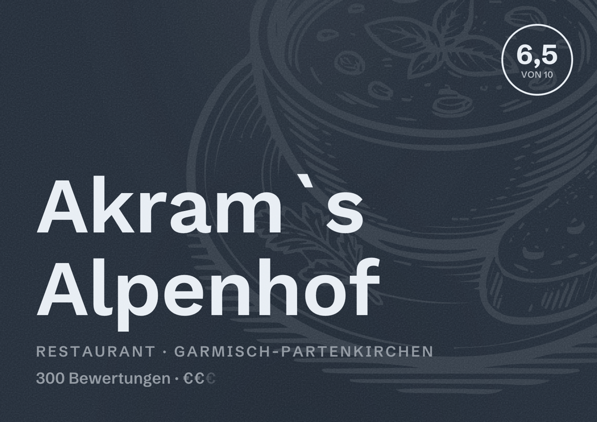 Illustriertes Poster von Akram`s Alpenhof, Restaurant in Garmisch-Partenkirchen: Bewertung 6,5 von 10 aus 300 Bewertungen, Preisniveau €€