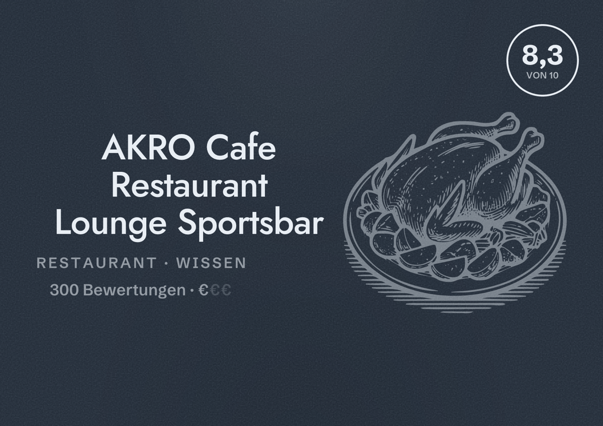Illustriertes Poster von AKRO Cafe Restaurant Lounge Sportsbar, Restaurant in Wissen: Bewertung 8,3 von 10 aus 300 Bewertungen, Preisniveau €