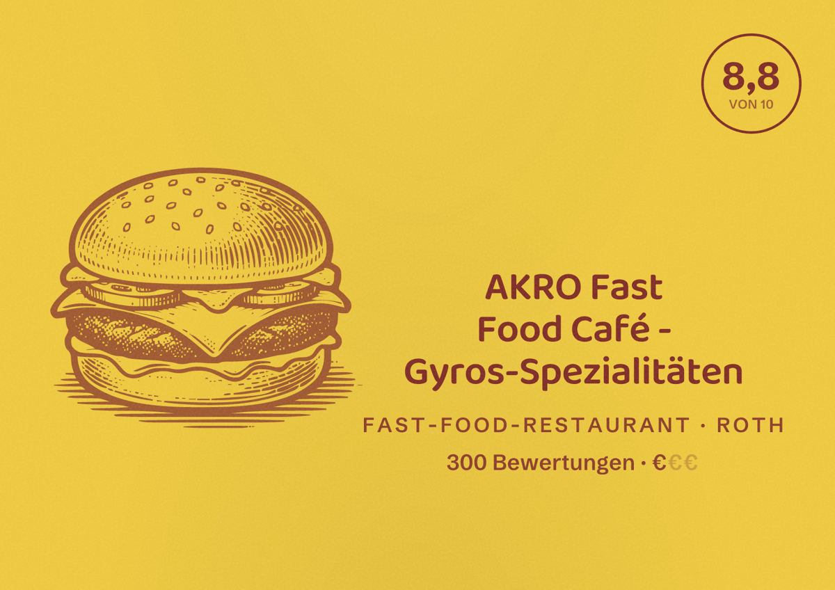 Illustriertes Poster von AKRO Fast Food Café - Gyros-Spezialitäten, Fast-Food-Restaurant in Roth: Bewertung 8,8 von 10 aus 300 Bewertungen, Preisniveau €