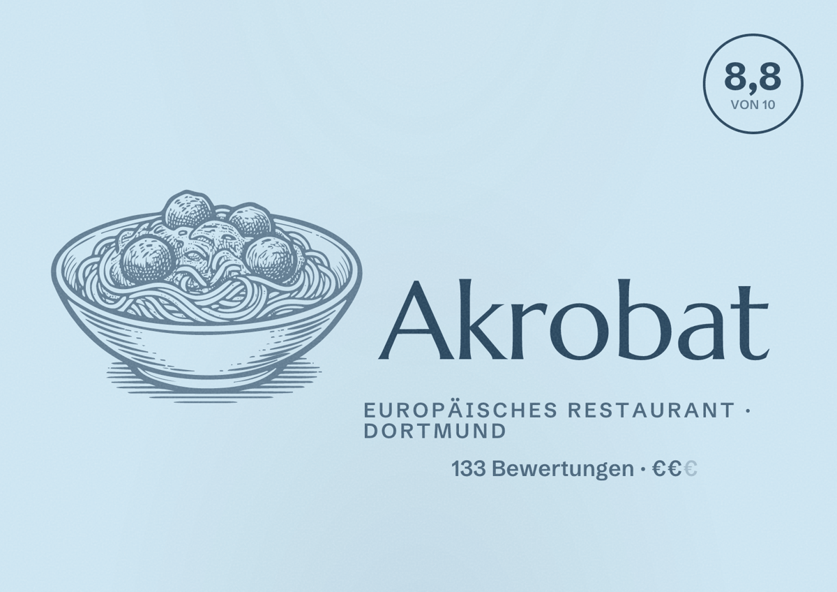 Illustriertes Poster von Akrobat, Europäisches Restaurant in Dortmund: Bewertung 8,8 von 10 aus 133 Bewertungen, Preisniveau €€