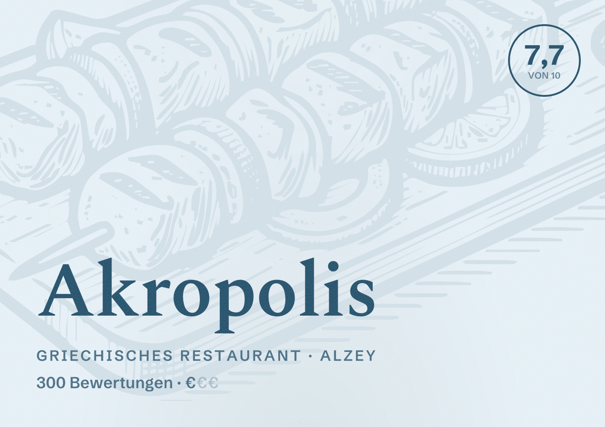 Illustriertes Poster von Akropolis, Griechisches Restaurant in Alzey: Bewertung 7,7 von 10 aus 300 Bewertungen, Preisniveau €