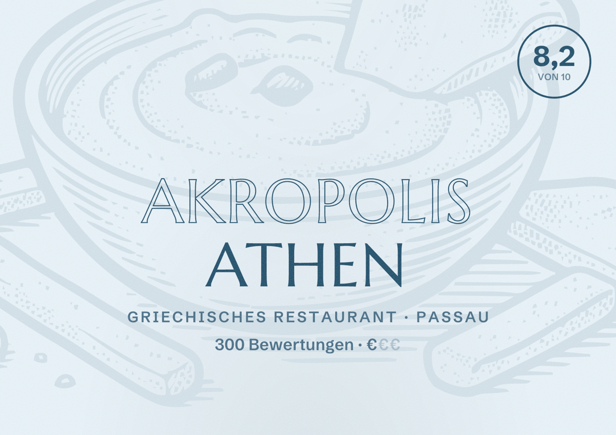 Illustriertes Poster von Akropolis Athen, Griechisches Restaurant in Passau: Bewertung 8,2 von 10 aus 300 Bewertungen, Preisniveau €