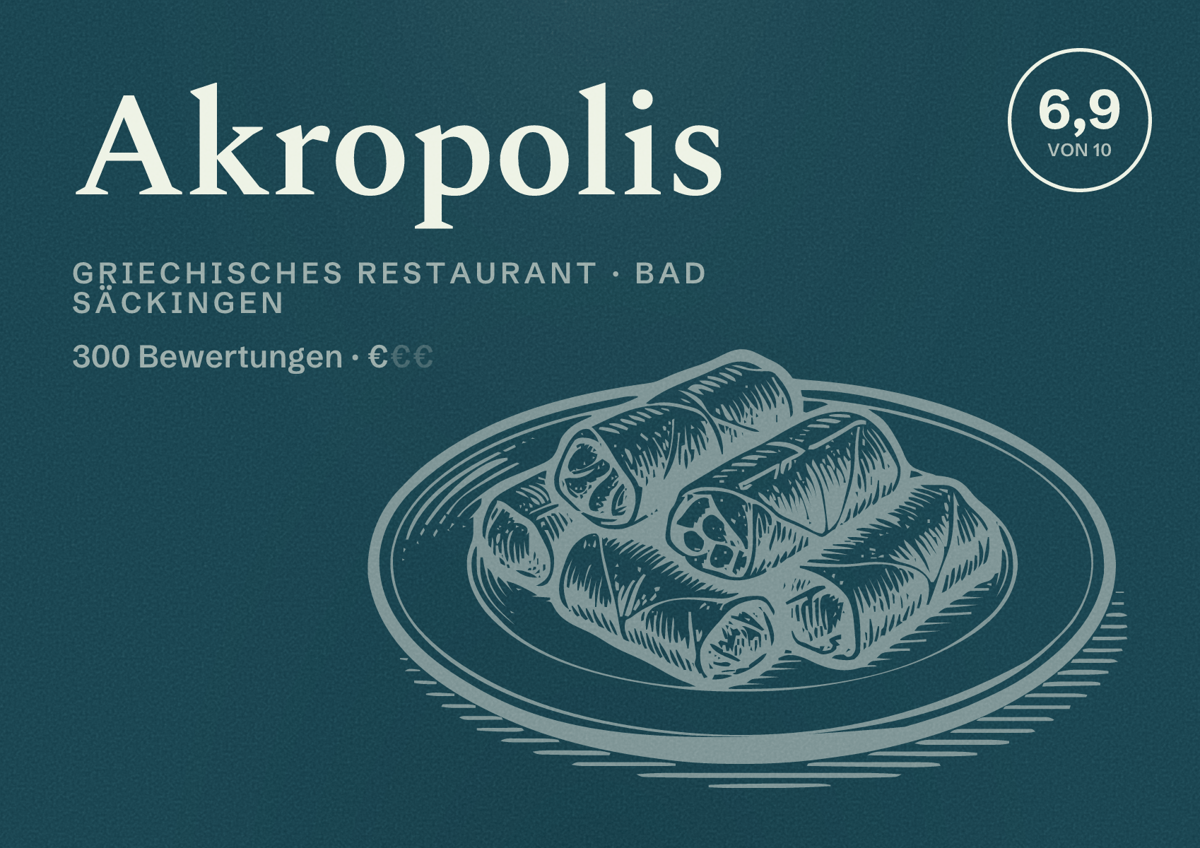 Illustriertes Poster von Akropolis, Griechisches Restaurant in Bad Säckingen: Bewertung 6,9 von 10 aus 300 Bewertungen, Preisniveau €