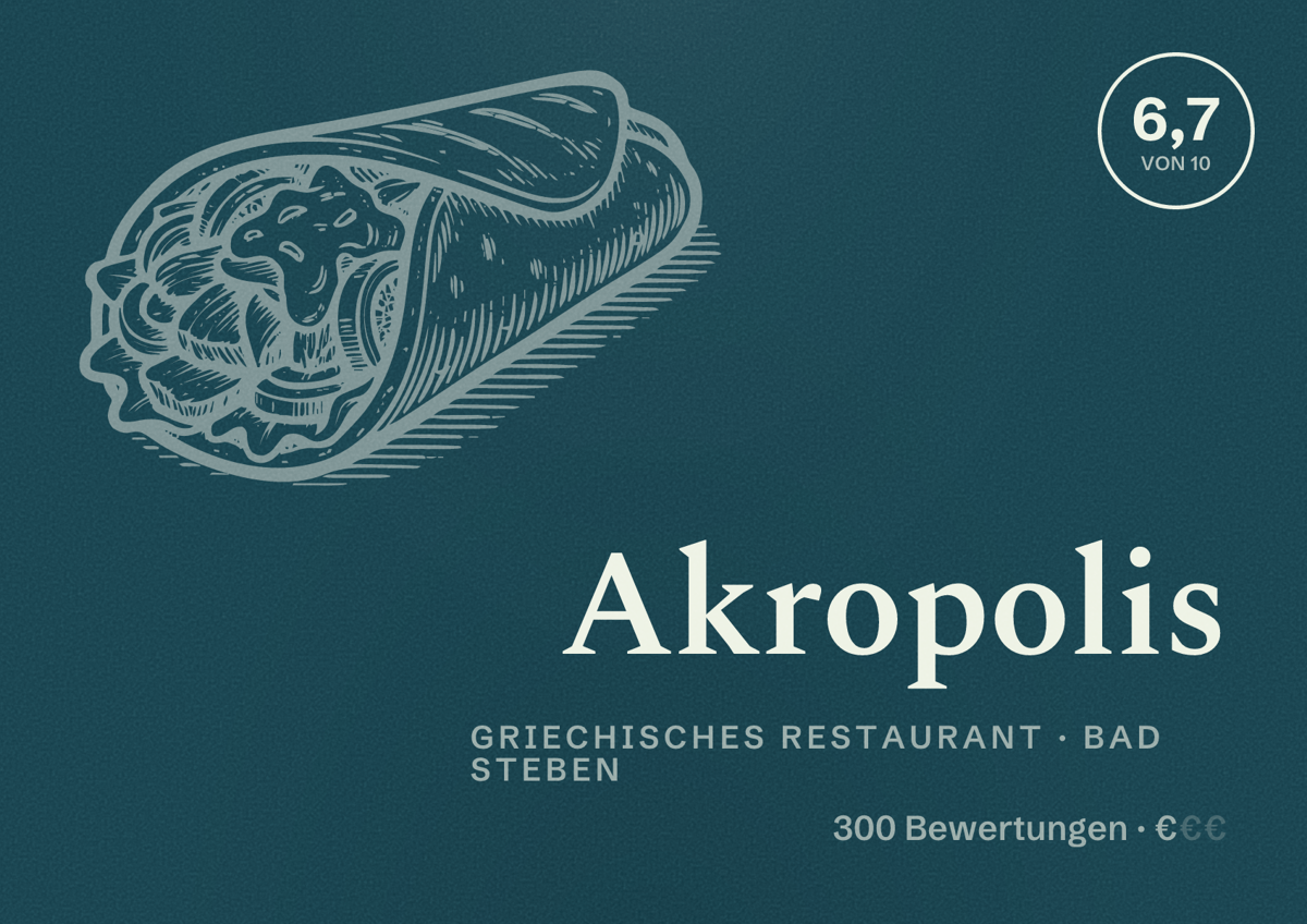 Illustriertes Poster von Akropolis, Griechisches Restaurant in Bad Steben: Bewertung 6,7 von 10 aus 300 Bewertungen, Preisniveau €