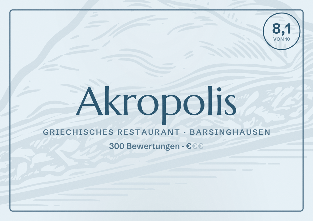 Illustriertes Poster von Akropolis, Griechisches Restaurant in Barsinghausen: Bewertung 8,1 von 10 aus 300 Bewertungen, Preisniveau €