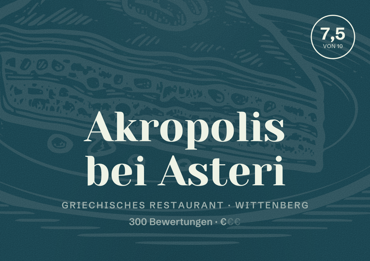 Illustriertes Poster von Akropolis bei Asteri, Griechisches Restaurant in Wittenberg: Bewertung 7,5 von 10 aus 300 Bewertungen, Preisniveau €