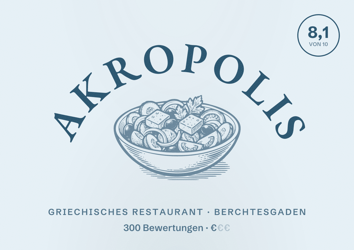 Illustriertes Poster von Akropolis, Griechisches Restaurant in Berchtesgaden: Bewertung 8,1 von 10 aus 300 Bewertungen, Preisniveau €