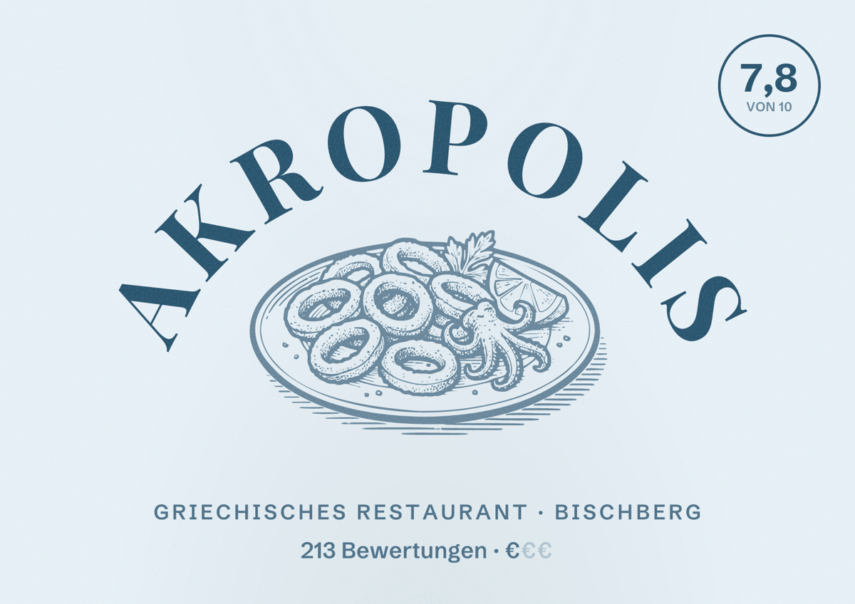 Illustriertes Poster von Akropolis, Griechisches Restaurant in Bischberg: Bewertung 7,8 von 10 aus 213 Bewertungen, Preisniveau €