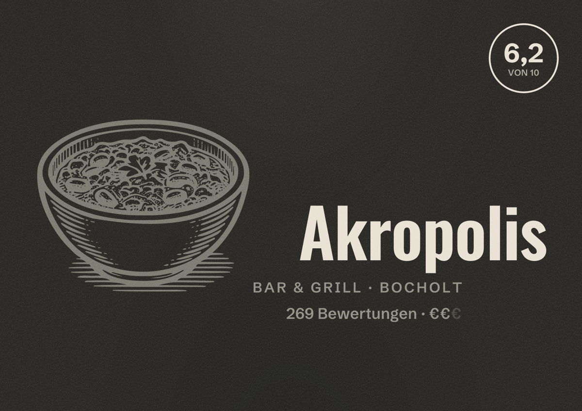 Illustriertes Poster von Akropolis, Bar & Grill in Bocholt: Bewertung 6,2 von 10 aus 269 Bewertungen, Preisniveau €€