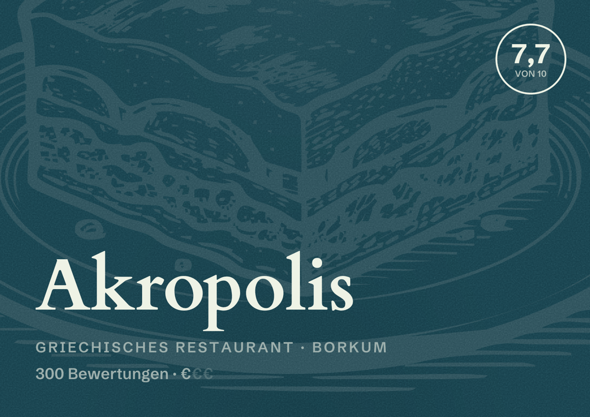 Illustriertes Poster von Akropolis, Griechisches Restaurant in Borkum: Bewertung 7,7 von 10 aus 300 Bewertungen, Preisniveau €