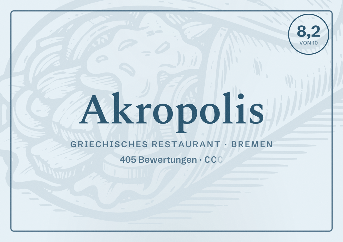 Illustriertes Poster von Akropolis, Griechisches Restaurant in Bremen: Bewertung 8,2 von 10 aus 405 Bewertungen, Preisniveau €€