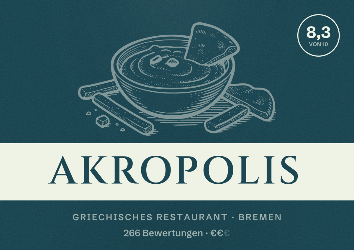 Illustriertes Poster von Akropolis, Griechisches Restaurant in Bremen: Bewertung 8,3 von 10 aus 266 Bewertungen, Preisniveau €€