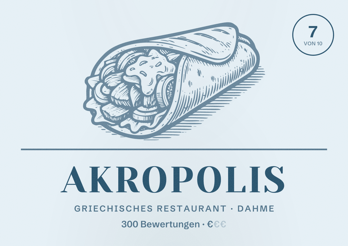 Illustriertes Poster von Akropolis, Griechisches Restaurant in Dahme: Bewertung 7 von 10 aus 300 Bewertungen, Preisniveau €