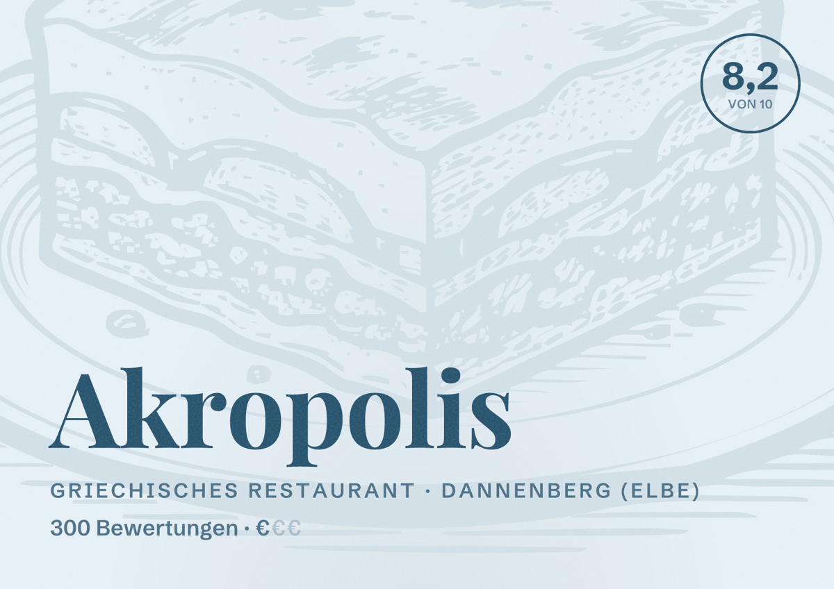 Illustriertes Poster von Akropolis, Griechisches Restaurant in Dannenberg (Elbe): Bewertung 8,2 von 10 aus 300 Bewertungen, Preisniveau €