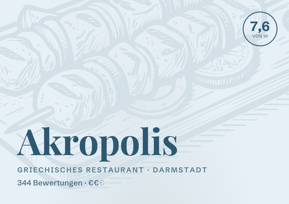 Illustriertes Poster von Akropolis, Griechisches Restaurant in Darmstadt: Bewertung 7,6 von 10 aus 344 Bewertungen, Preisniveau €€