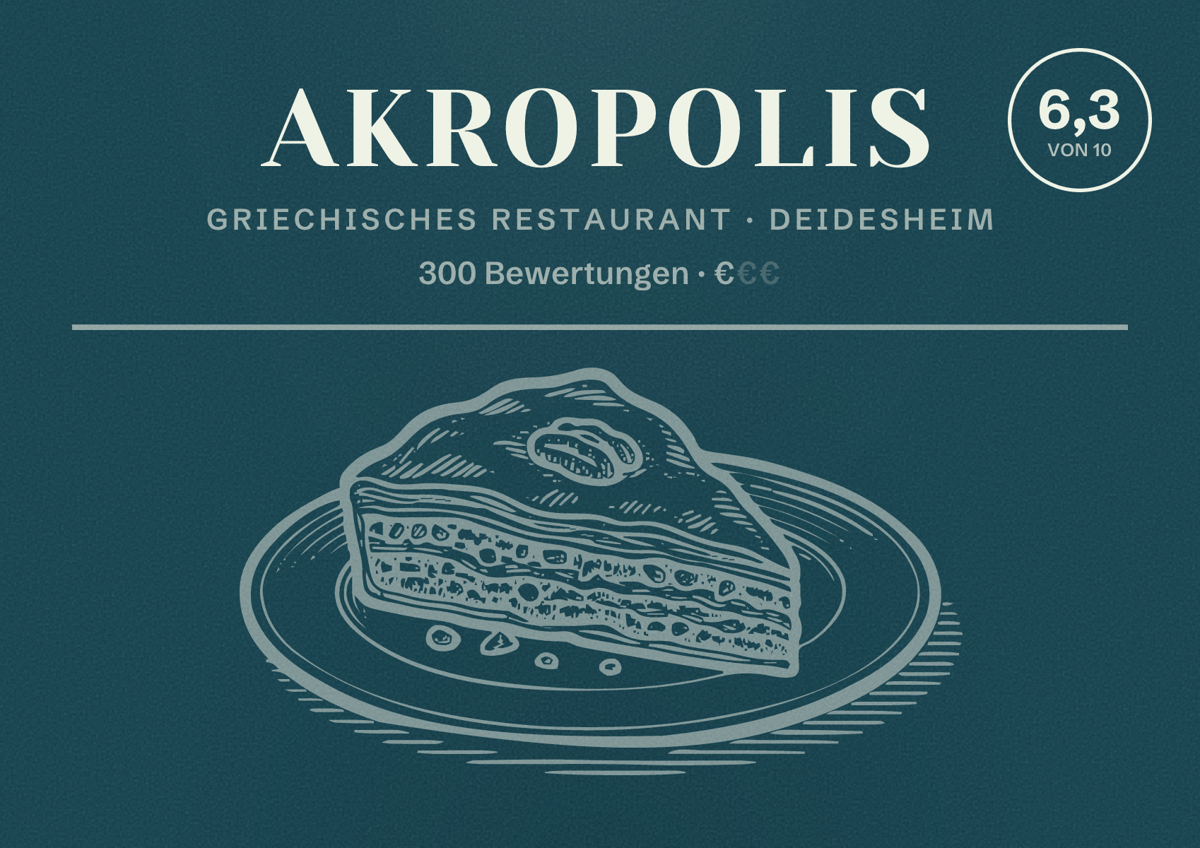 Illustriertes Poster von Akropolis, Griechisches Restaurant in Deidesheim: Bewertung 6,3 von 10 aus 300 Bewertungen, Preisniveau €