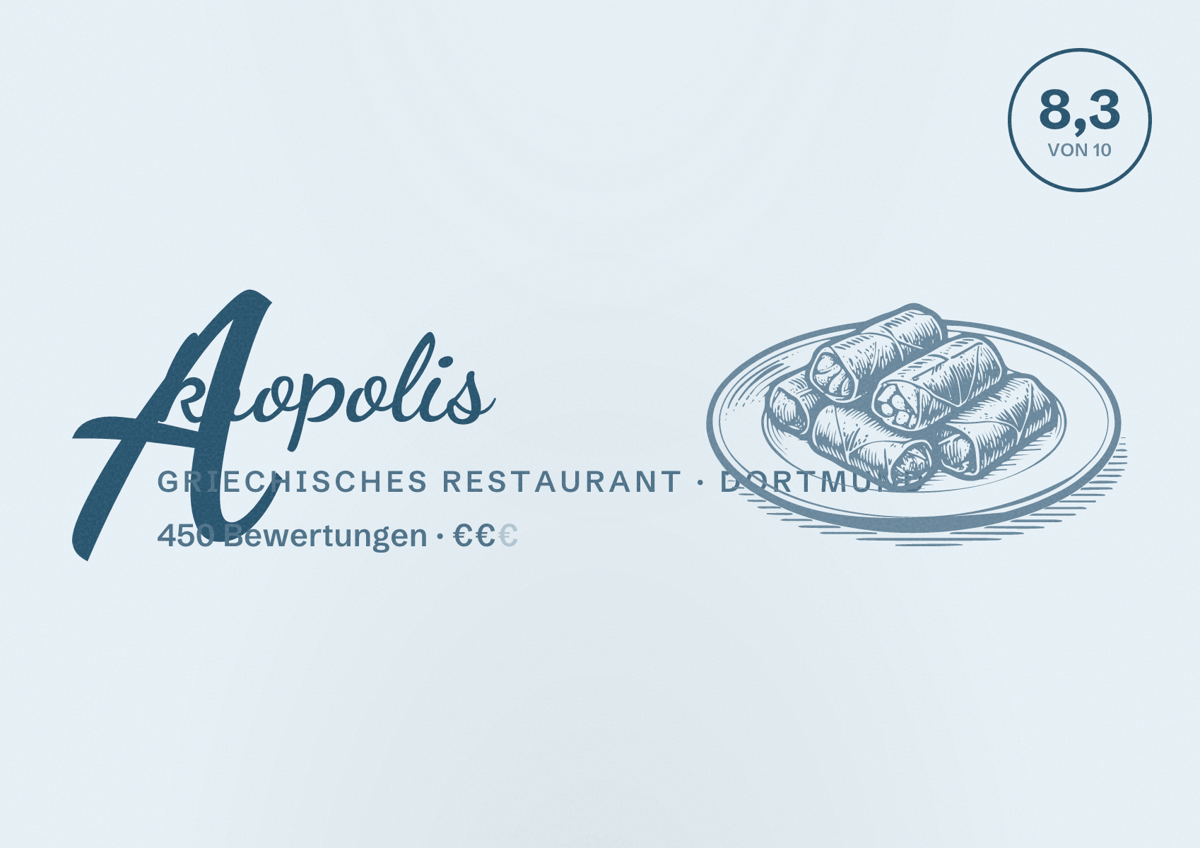 Illustriertes Poster von Akropolis, Griechisches Restaurant in Dortmund: Bewertung 8,3 von 10 aus 450 Bewertungen, Preisniveau €€