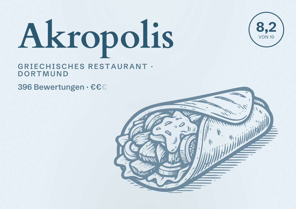 Illustriertes Poster von Akropolis, Griechisches Restaurant in Dortmund: Bewertung 8,2 von 10 aus 396 Bewertungen, Preisniveau €€