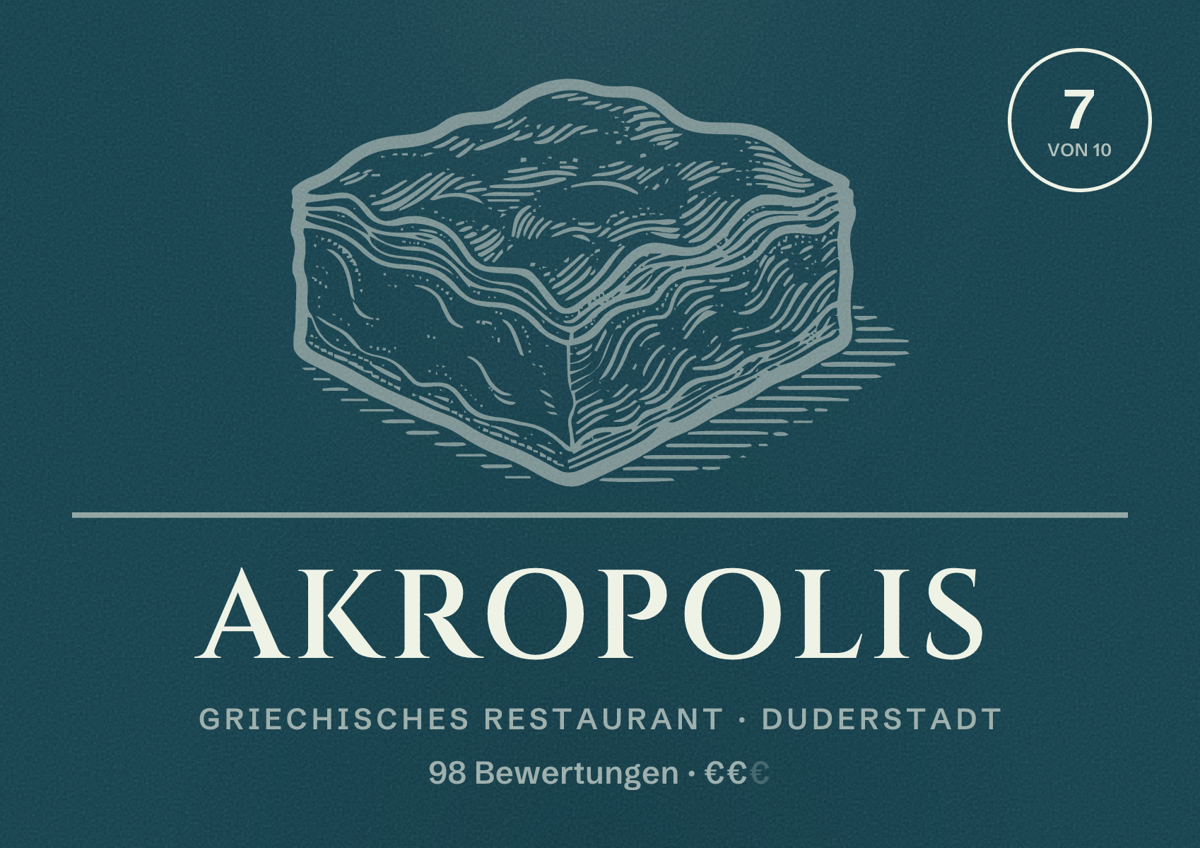 Illustriertes Poster von Akropolis, Griechisches Restaurant in Duderstadt: Bewertung 7 von 10 aus 98 Bewertungen, Preisniveau €€