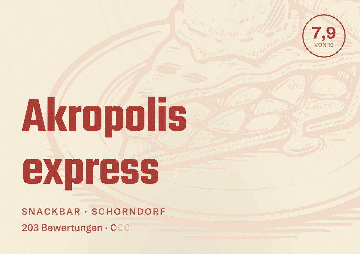 Illustriertes Poster von Akropolis express, Snackbar in Schorndorf: Bewertung 7,9 von 10 aus 203 Bewertungen, Preisniveau €