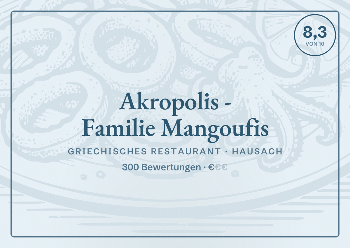 Illustriertes Poster von Akropolis - Familie Mangoufis, Griechisches Restaurant in Hausach: Bewertung 8,3 von 10 aus 300 Bewertungen, Preisniveau €