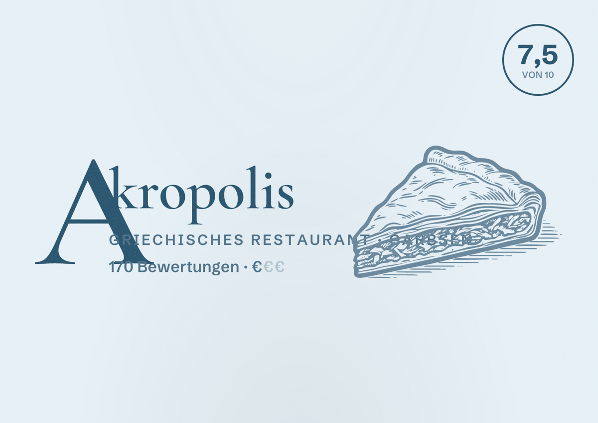 Illustriertes Poster von Akropolis, Griechisches Restaurant in Garbsen: Bewertung 7,5 von 10 aus 170 Bewertungen, Preisniveau €