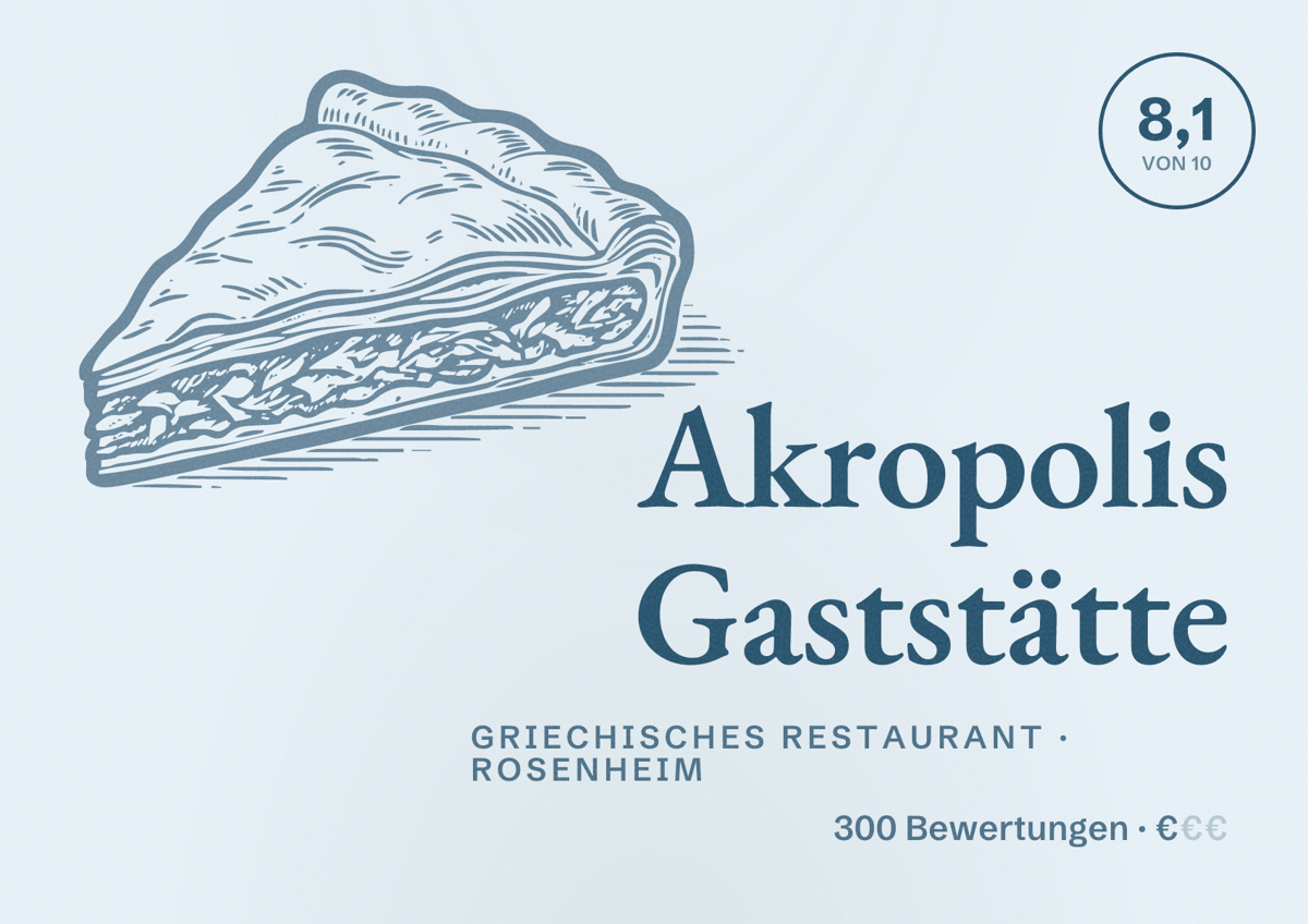 Illustriertes Poster von Akropolis Gaststätte, Griechisches Restaurant in Rosenheim: Bewertung 8,1 von 10 aus 300 Bewertungen, Preisniveau €