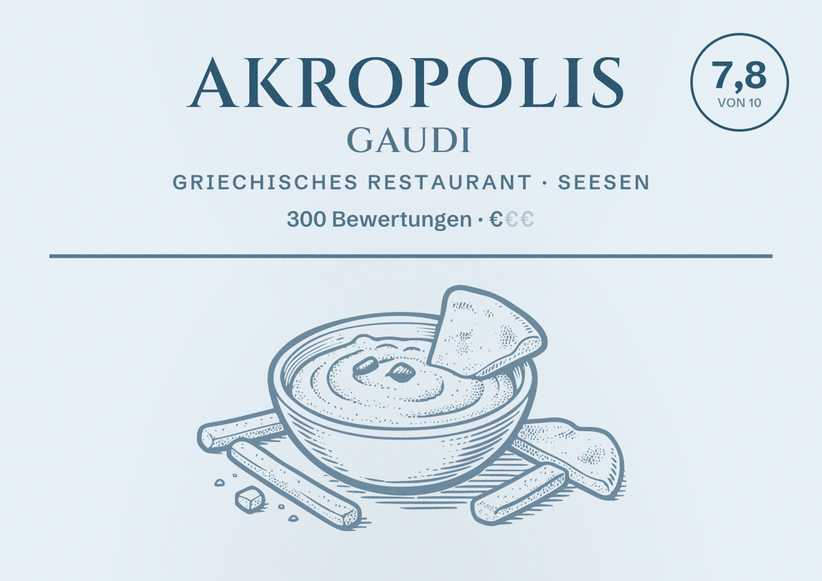 Illustriertes Poster von Akropolis Gaudi, Griechisches Restaurant in Seesen: Bewertung 7,8 von 10 aus 300 Bewertungen, Preisniveau €