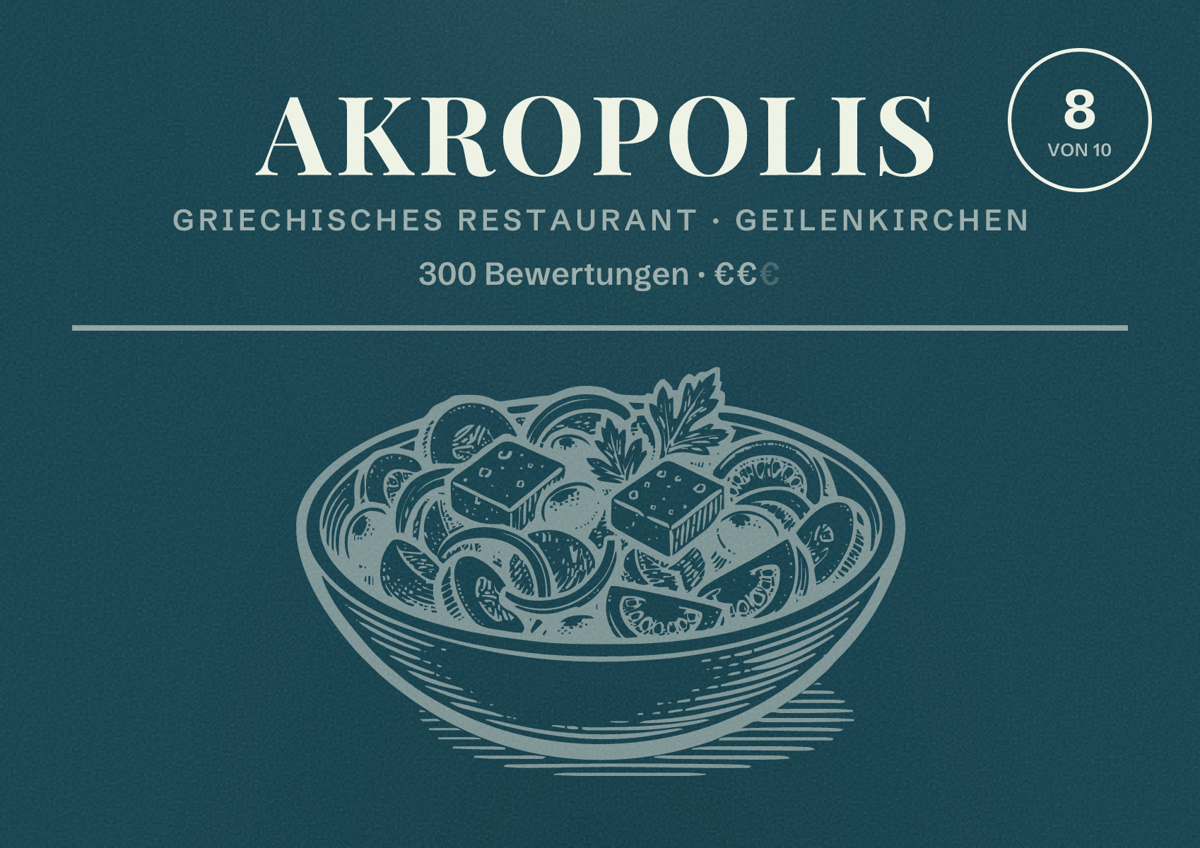 Illustriertes Poster von Akropolis, Griechisches Restaurant in Geilenkirchen: Bewertung 8 von 10 aus 300 Bewertungen, Preisniveau €€
