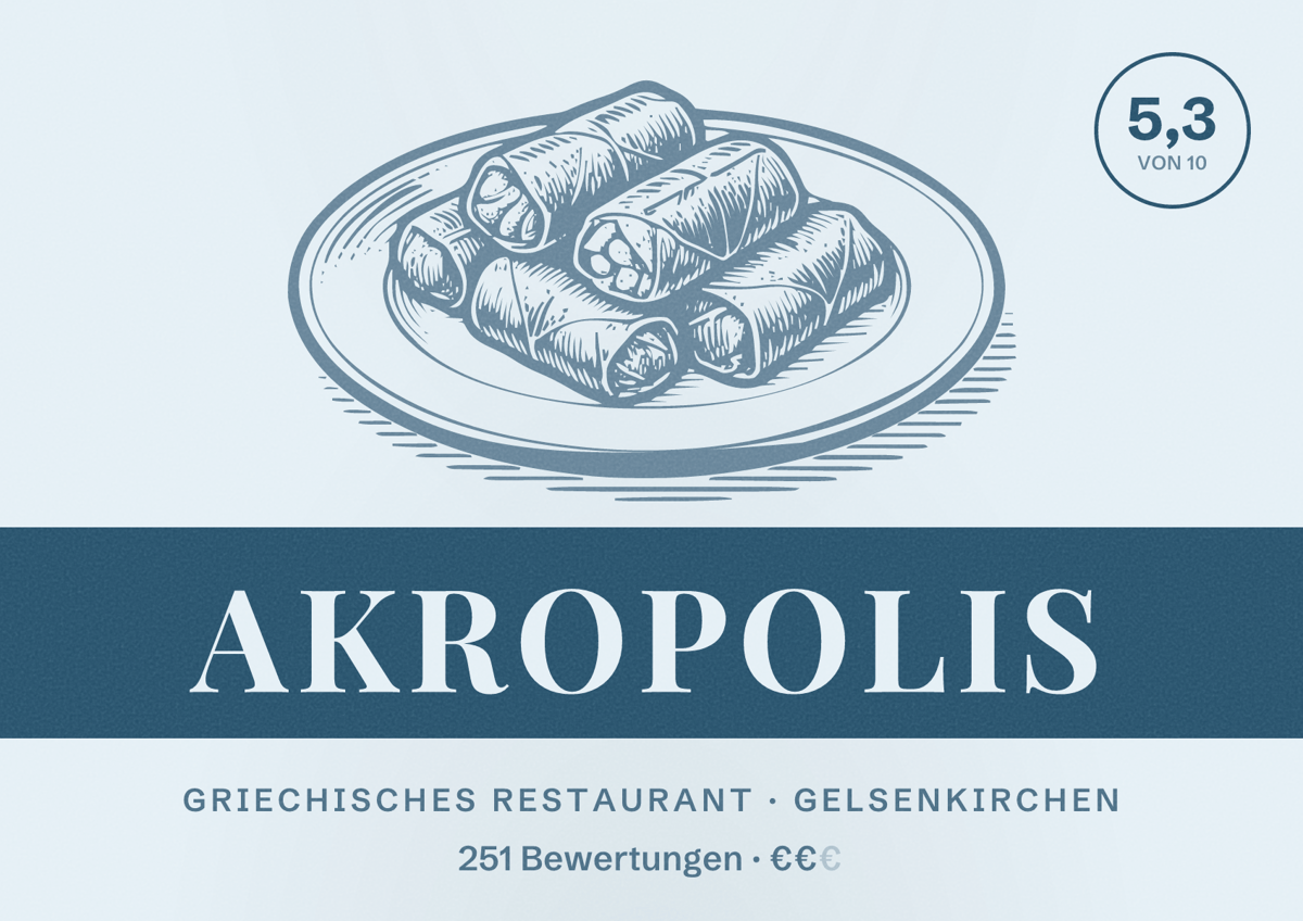 Illustriertes Poster von Akropolis, Griechisches Restaurant in Gelsenkirchen: Bewertung 5,3 von 10 aus 251 Bewertungen, Preisniveau €€