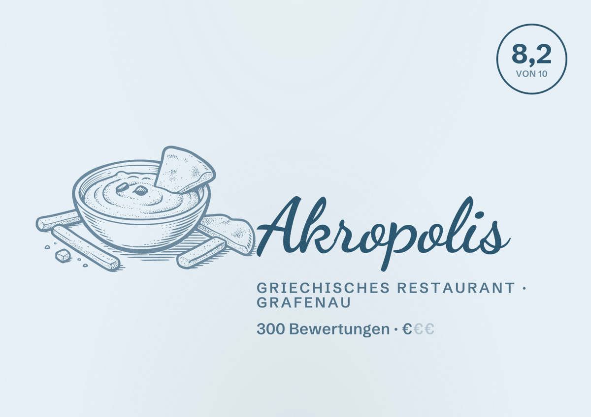 Illustriertes Poster von Akropolis, Griechisches Restaurant in Grafenau: Bewertung 8,2 von 10 aus 300 Bewertungen, Preisniveau €