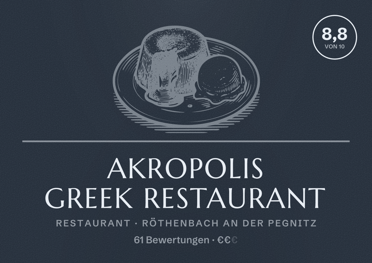 Illustriertes Poster von Akropolis Greek Restaurant, Restaurant in Röthenbach an der Pegnitz: Bewertung 8,8 von 10 aus 61 Bewertungen, Preisniveau €€